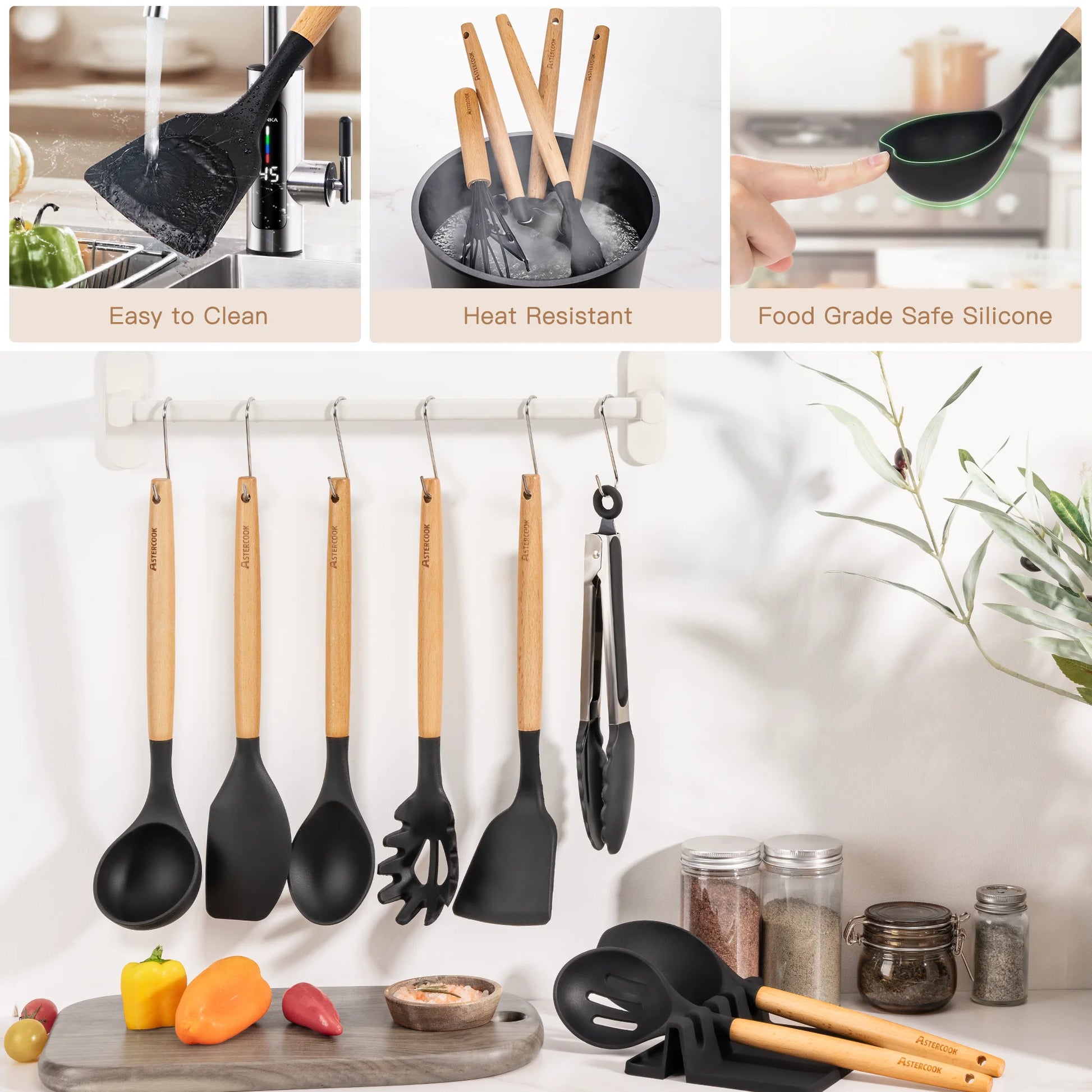 Elevate Your Cooking Experience with the 38-Piece Silicone Utensil Set - Heat Resistant, BPA-Free, and Stylish Wooden Handles for Nonstick Cookware