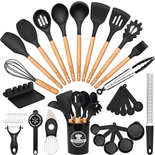 Elevate Your Cooking Experience with the 38-Piece Silicone Utensil Set - Heat Resistant, BPA-Free, and Stylish Wooden Handles for Nonstick Cookware