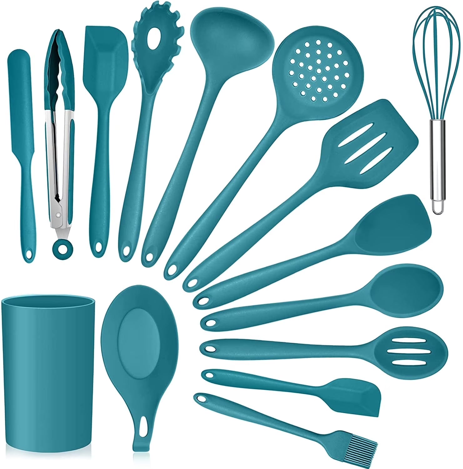 Elevate Your Cooking Experience with the 15-Piece Teal Blue Silicone Utensil Set – Non-Stick, Heat Resistant, and Complete with Holder!