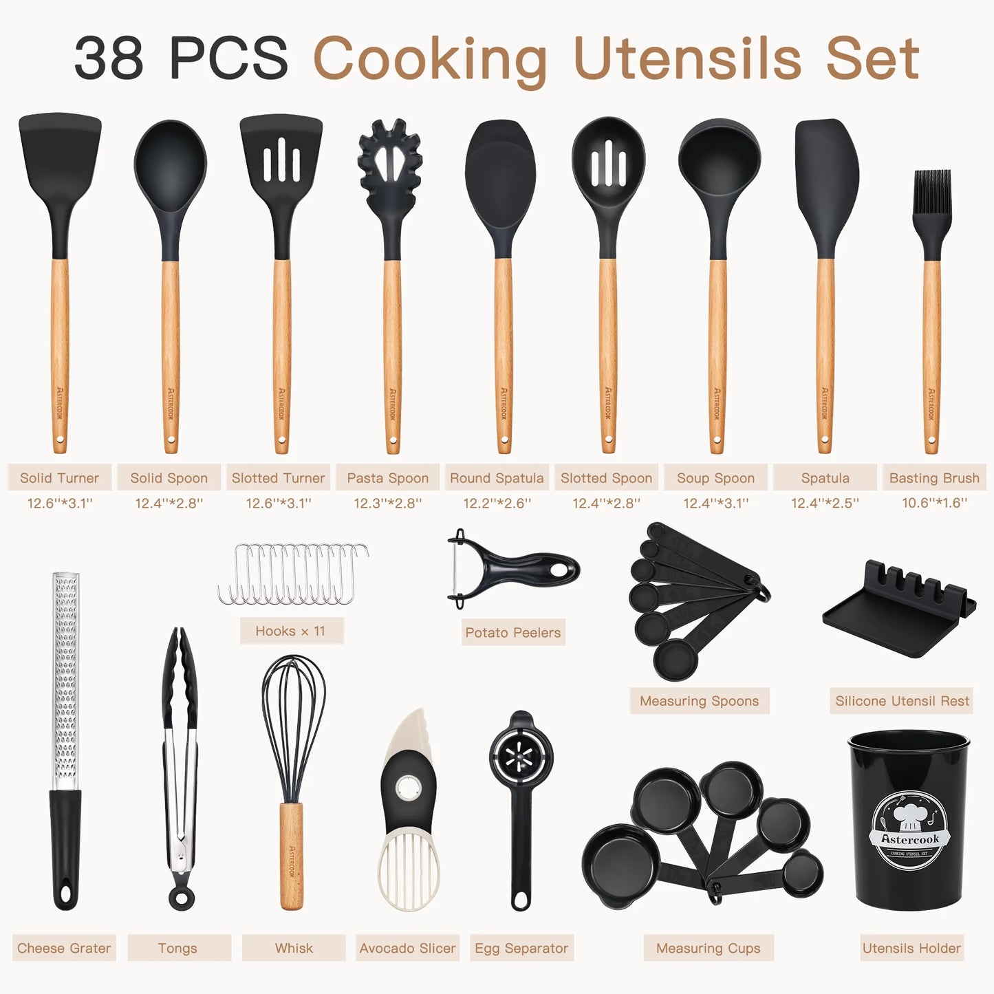 Elevate Your Cooking Experience with the 38-Piece Silicone Utensil Set - Heat Resistant, BPA-Free, and Stylish Wooden Handles for Nonstick Cookware
