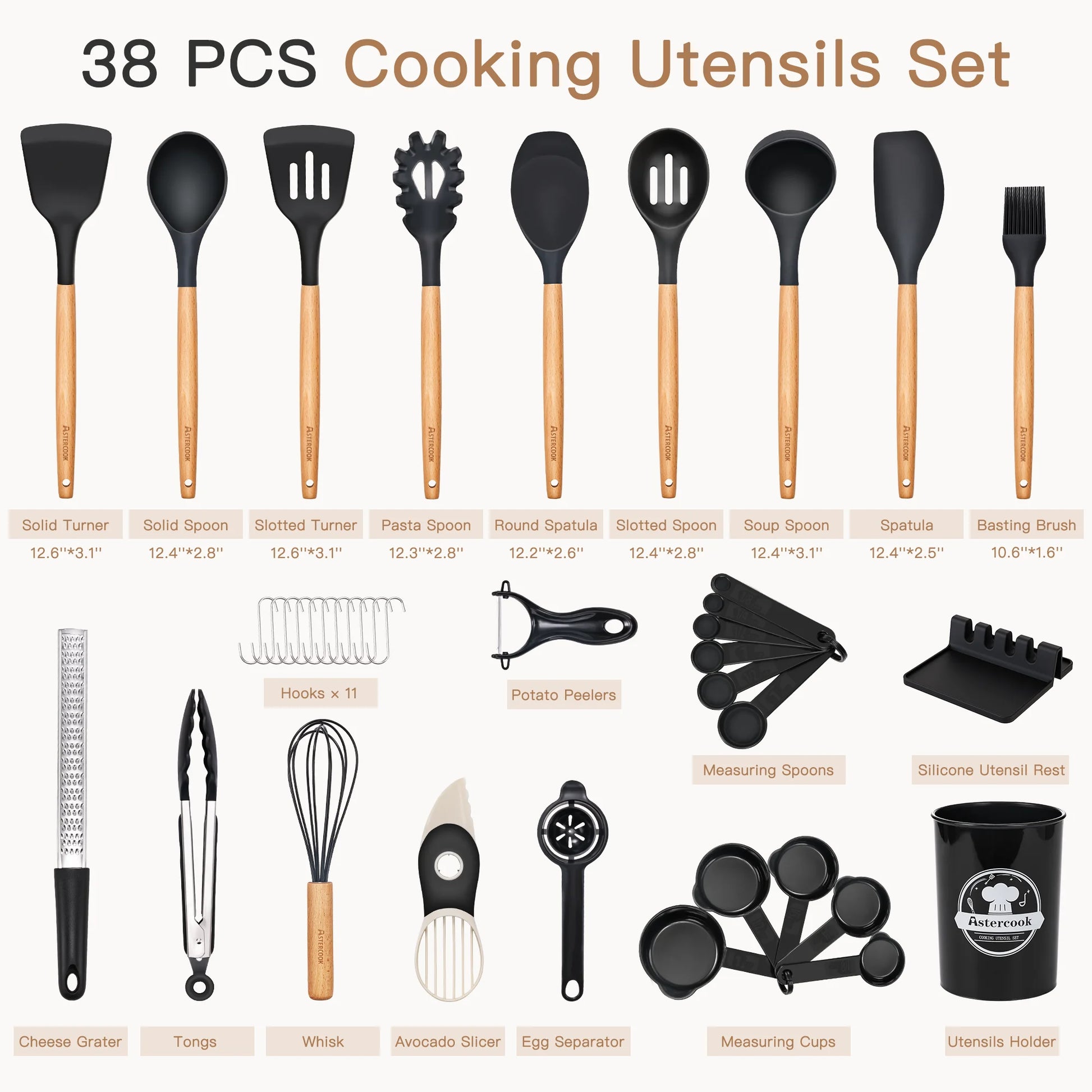 Elevate Your Cooking Experience with the 38-Piece Silicone Utensil Set - Heat Resistant, BPA-Free, and Stylish Wooden Handles for Nonstick Cookware