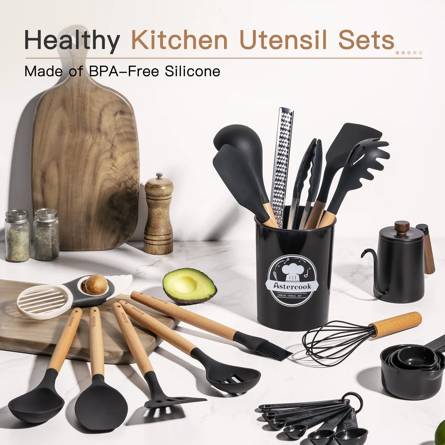 Elevate Your Cooking Experience with the 38-Piece Silicone Utensil Set - Heat Resistant, BPA-Free, and Stylish Wooden Handles for Nonstick Cookware
