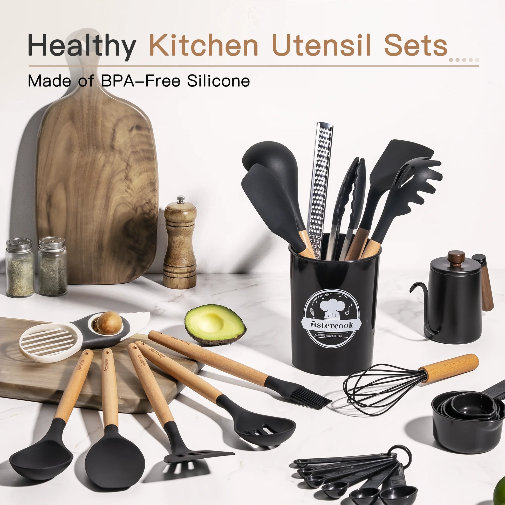 Elevate Your Cooking Experience with the 38-Piece Silicone Utensil Set - Heat Resistant, BPA-Free, and Stylish Wooden Handles for Nonstick Cookware