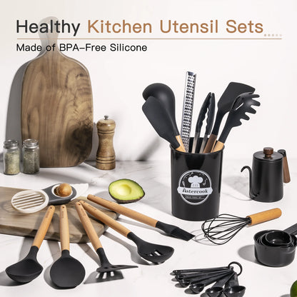 Elevate Your Cooking Experience with the 38-Piece Silicone Utensil Set - Heat Resistant, BPA-Free, and Stylish Wooden Handles for Nonstick Cookware
