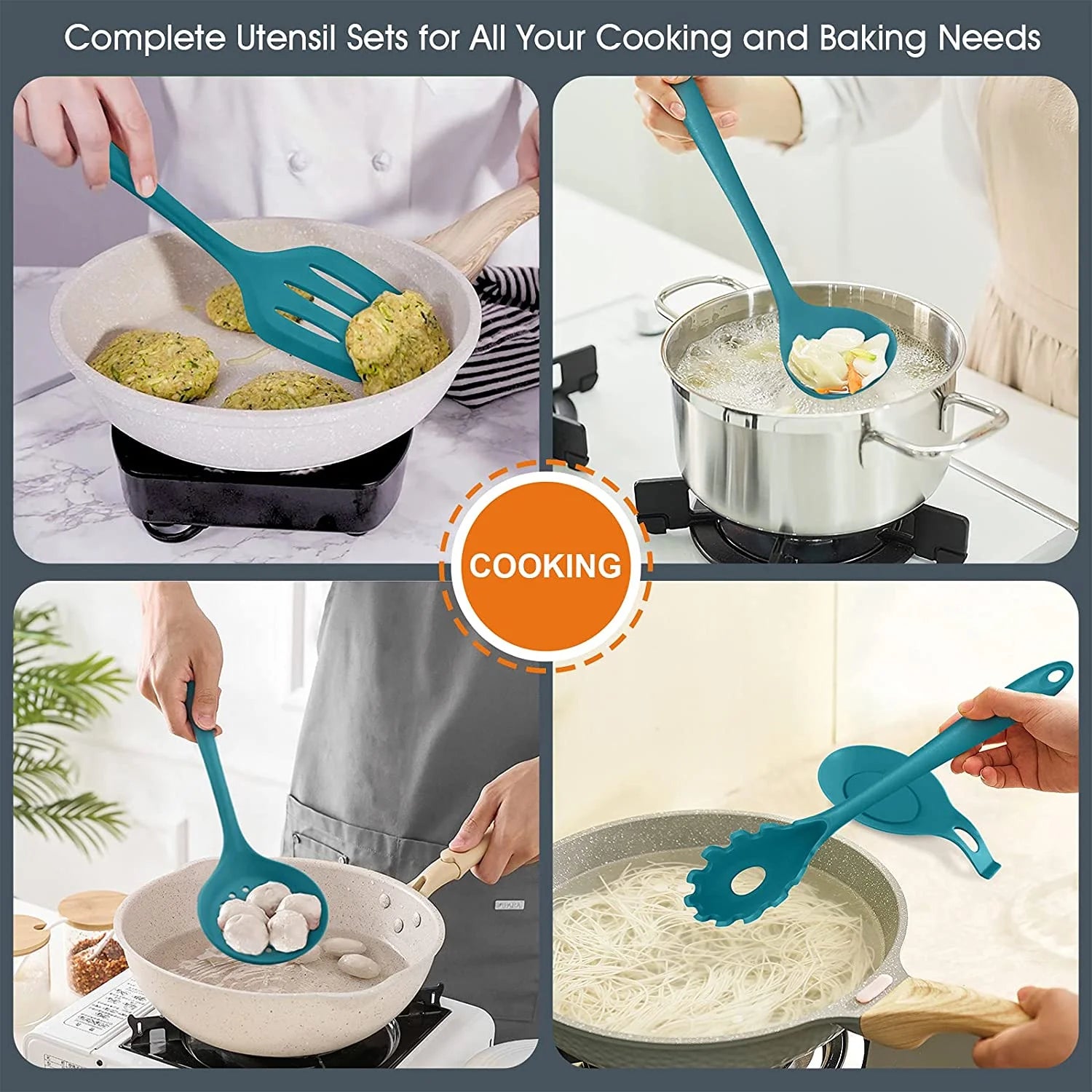 Elevate Your Cooking Experience with the 15-Piece Teal Blue Silicone Utensil Set – Non-Stick, Heat Resistant, and Complete with Holder!