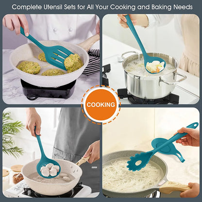 Elevate Your Cooking Experience with the 15-Piece Teal Blue Silicone Utensil Set – Non-Stick, Heat Resistant, and Complete with Holder!