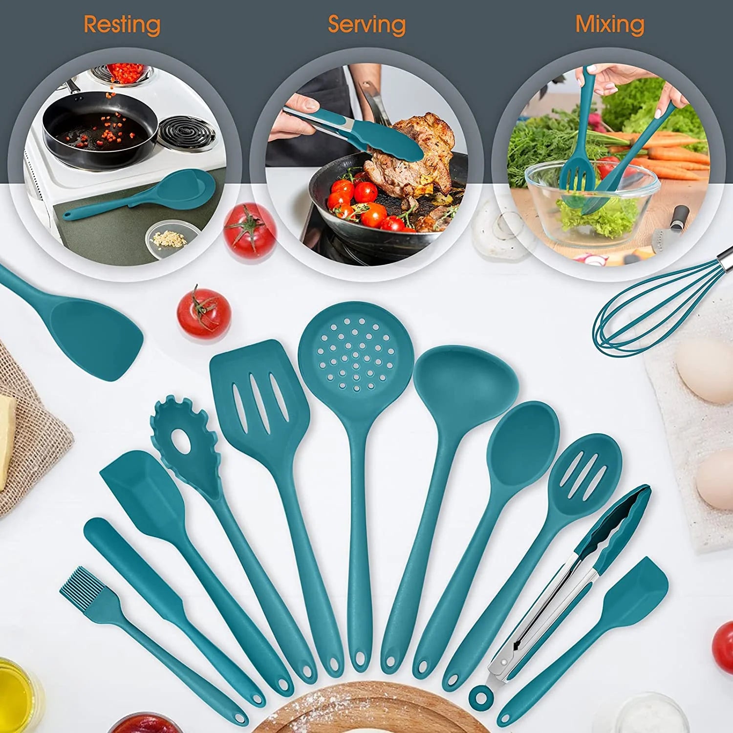 Elevate Your Cooking Experience with the 15-Piece Teal Blue Silicone Utensil Set – Non-Stick, Heat Resistant, and Complete with Holder!