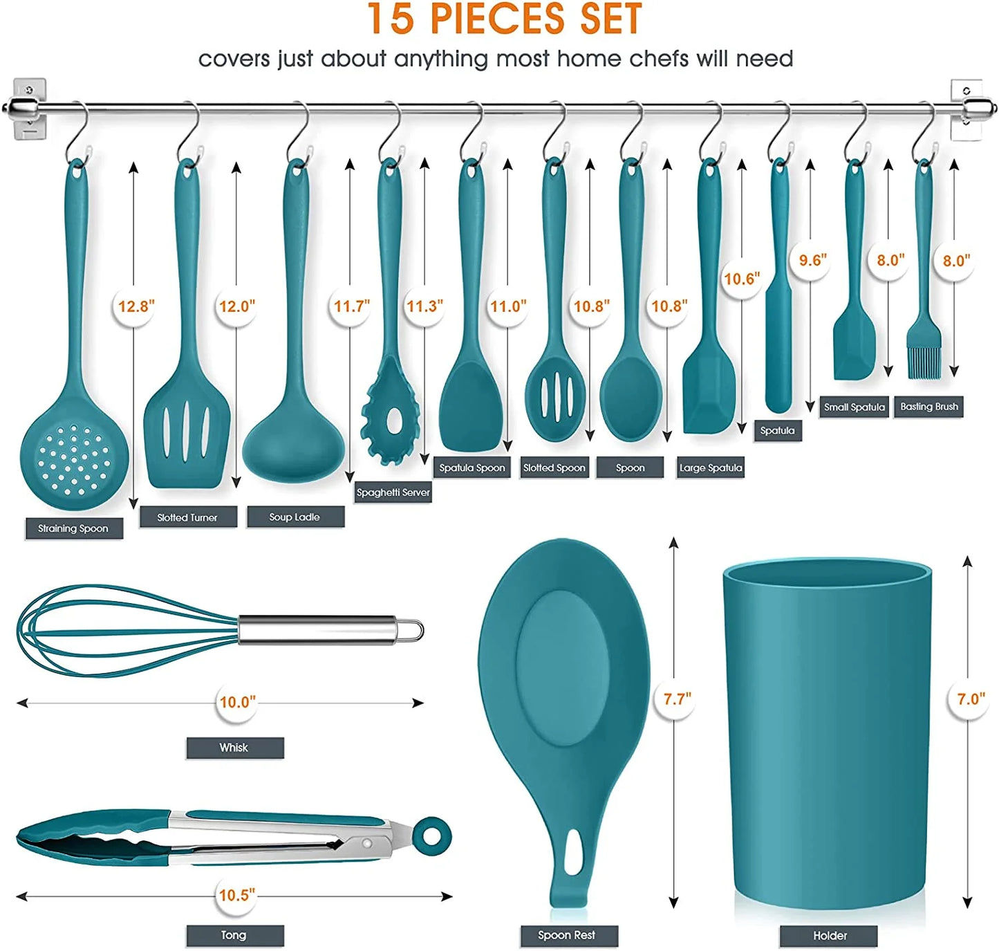 Elevate Your Cooking Experience with the 15-Piece Teal Blue Silicone Utensil Set – Non-Stick, Heat Resistant, and Complete with Holder!